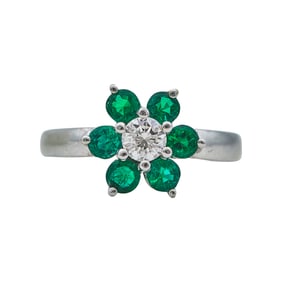 18K White Gold Emerald and Diamond Cluster Ring