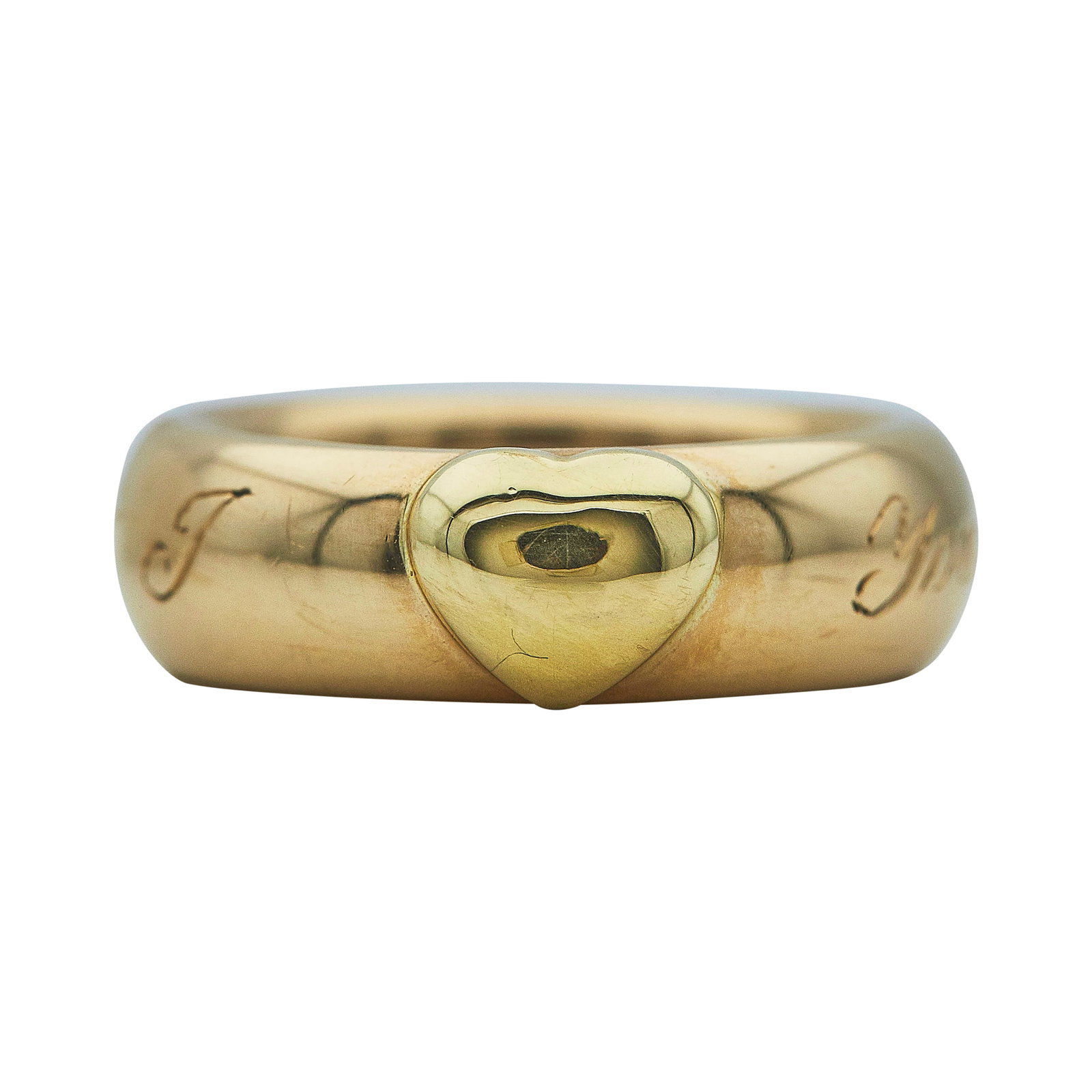 Tiffany & Co. 18K Yellow Gold "I Heart You" Band Ring: BRAND: Tiffany & Co.; METAL: 18K Yellow Gold; STAMPED: Tiffany & Co., 750, © 1993; CONDITION: Pre-owned, Good; ITEM WEIGHT (GRAMS): 5.1 g; MEASUREMENTS: Ring size 5