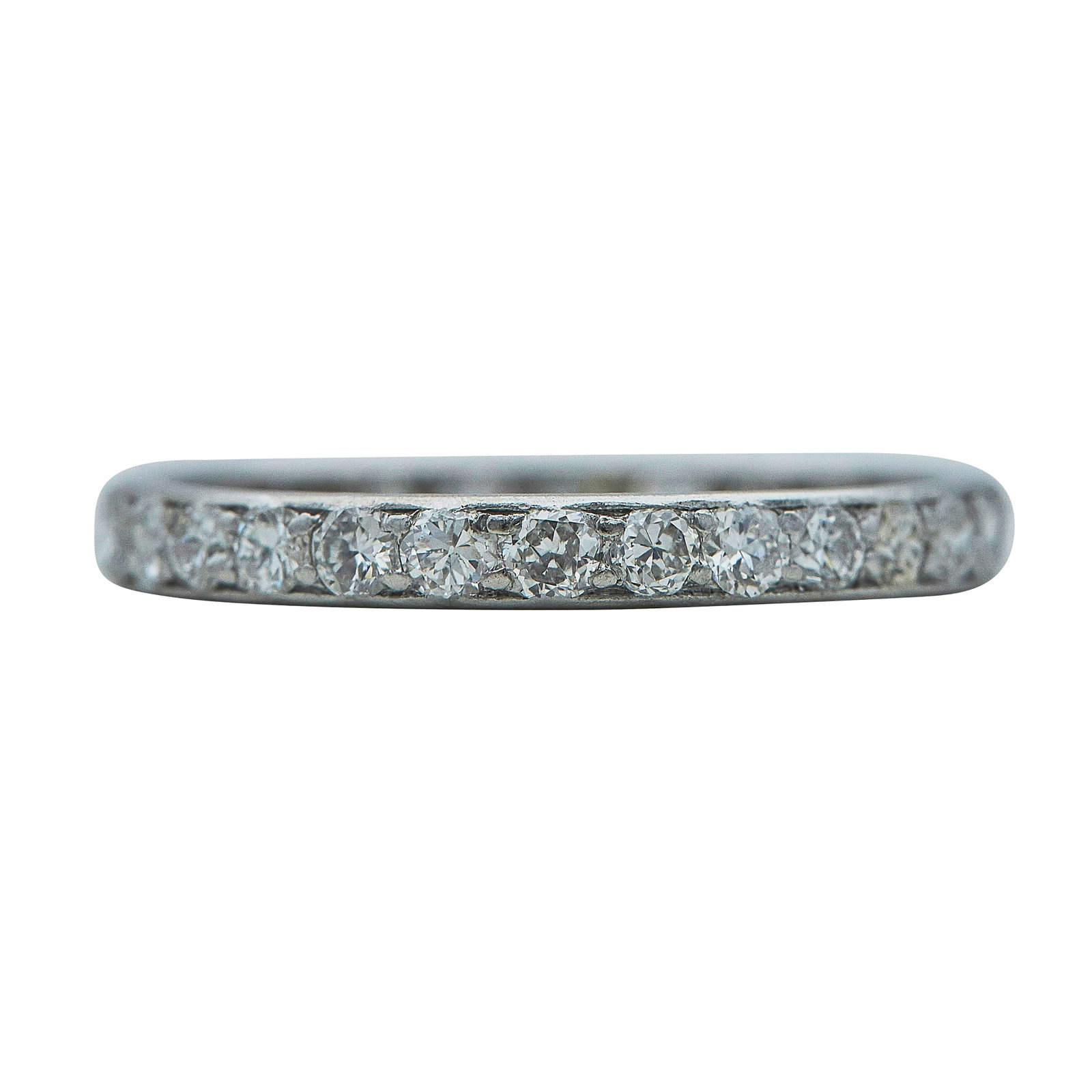 Platinum Diamond Eternity Band Ring: METAL: Platinum; APPROXIMATE TOTAL DIAMOND WEIGHT: 0.84 ctw; TESTED: Platinum; CONDITION: Pre-owned, Good; ITEM WEIGHT (GRAMS): 1.95 g; MEASUREMENTS: Ring size 8