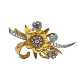 Retro 18K Yellow Gold and Platinum Rose and Single-Cut Diamond and Gem-Set Brooch Pin