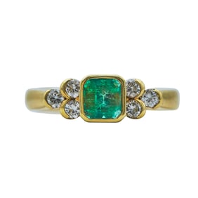 18K Yellow Gold Bezel-Set Emerald and Diamond Ring