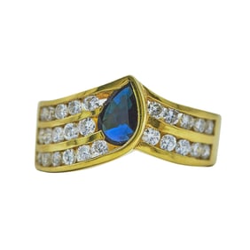 18K Yellow Gold Pear-Cut Sapphire and Diamond V-Shaped Band Ring