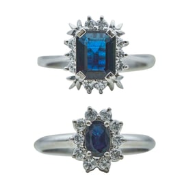 Lot of 2 18K White Gold Sapphire and Diamond Halo Cluster Rings