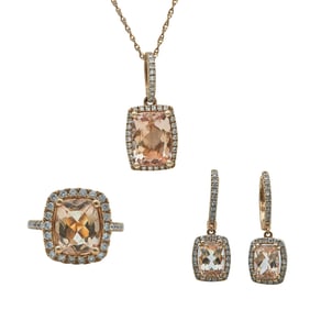 14K Rose Gold Cushion Cut Morganite and Diamond Halo Necklace, Earring and Ring Suite
