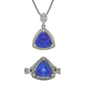 14K White Gold Tanzanite and Diamond Halo Pendant Necklace and Ring Suite