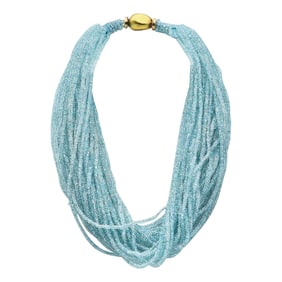 Multi Strand Beaded Aquamarine Necklace with 18K Yellow Gold Clasp