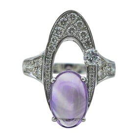 18K White Gold Amethyst Cabochon and Diamond Ring