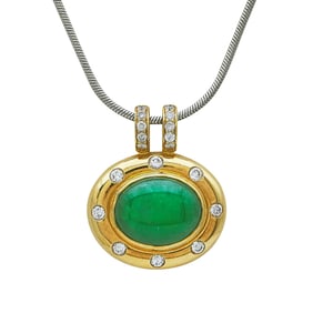 18K Yellow Gold Jade and Diamond Pendant on 14K White Gold Chain