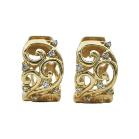 14K Yellow Gold Diamond Openwork Huggie Hoop Earrings
