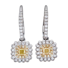 14K White and Yellow Gold Yellow and Colorless Diamond Halo Drop Earrings