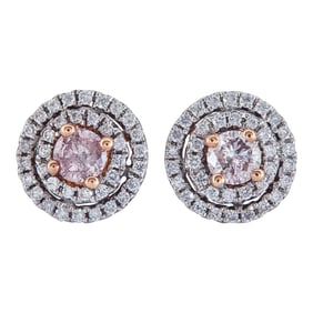18K Rose and White Gold Colorless and Pink Diamond Halo Stud Earrings