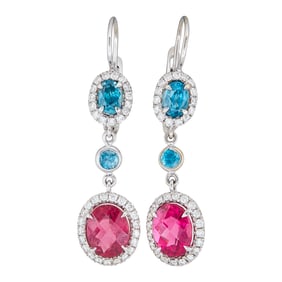 Barin 18K White Gold Diamond, Pink Tourmaline and Blue Zircon Dangle Drop Earrings