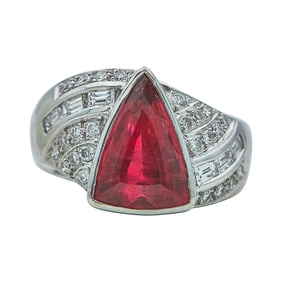 Platinum Triangular Rubellite and Diamond Ring