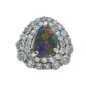 Platinum Opal and Diamond Double Halo Ring