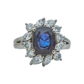 Platinum Cushion-Cut Color Change Alexandrite and Mixed-Cut Diamond Halo Cluster Ring
