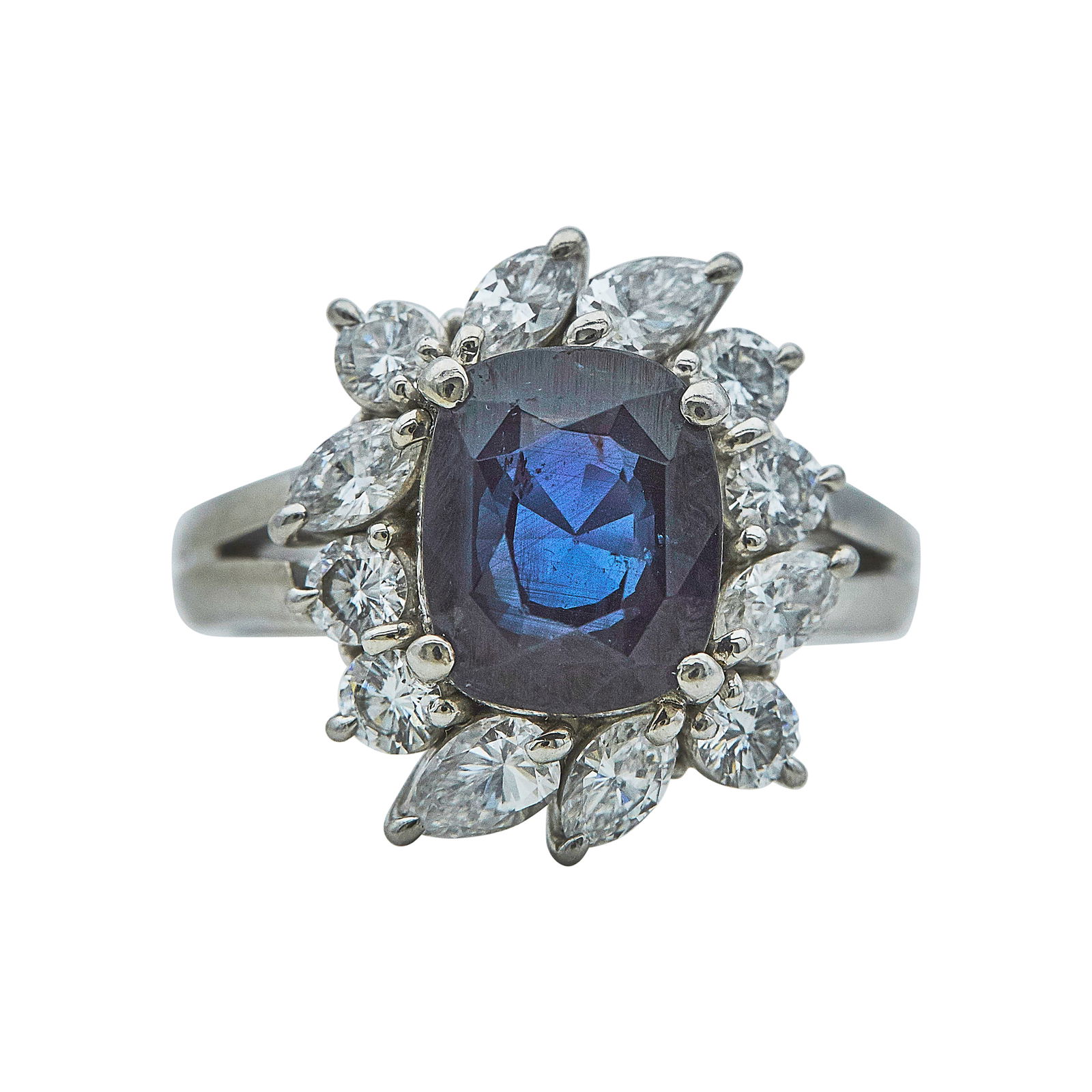 Platinum Cushion-Cut Color Change Alexandrite and Mixed-Cut Diamond Halo Cluster Ring (1 of 3)