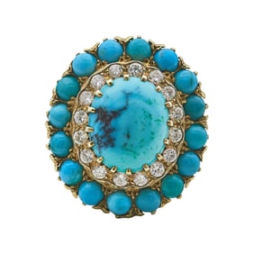 14K Yellow Gold Turquoise Cabochon and Diamond Tiered Cocktail Ring