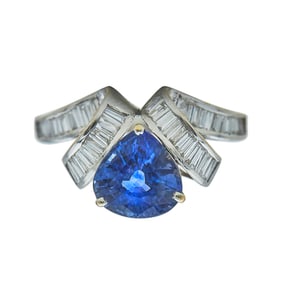 18K White Gold Sapphire and Baguette-Cut Diamond Ring