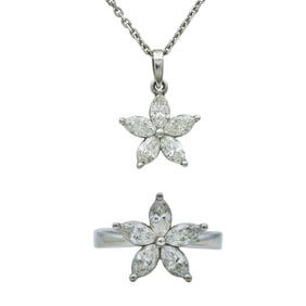 14K White Gold Marquise-Cut Diamond Ring and 18K White Gold Marquise-Cut Diamond Pendant Necklace