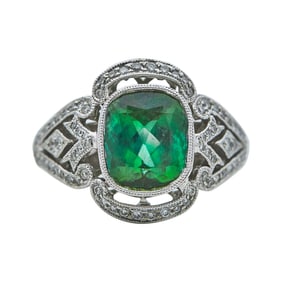 18K White Gold Cushion-Cut Green Tourmaline and Diamond Ring
