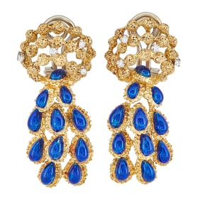 Textured 18K Yellow Gold Single-Cut Diamond and Blue Enamel Earrings