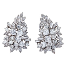 14K White Gold Round and Baguette-Cut Diamond Cluster Earrings