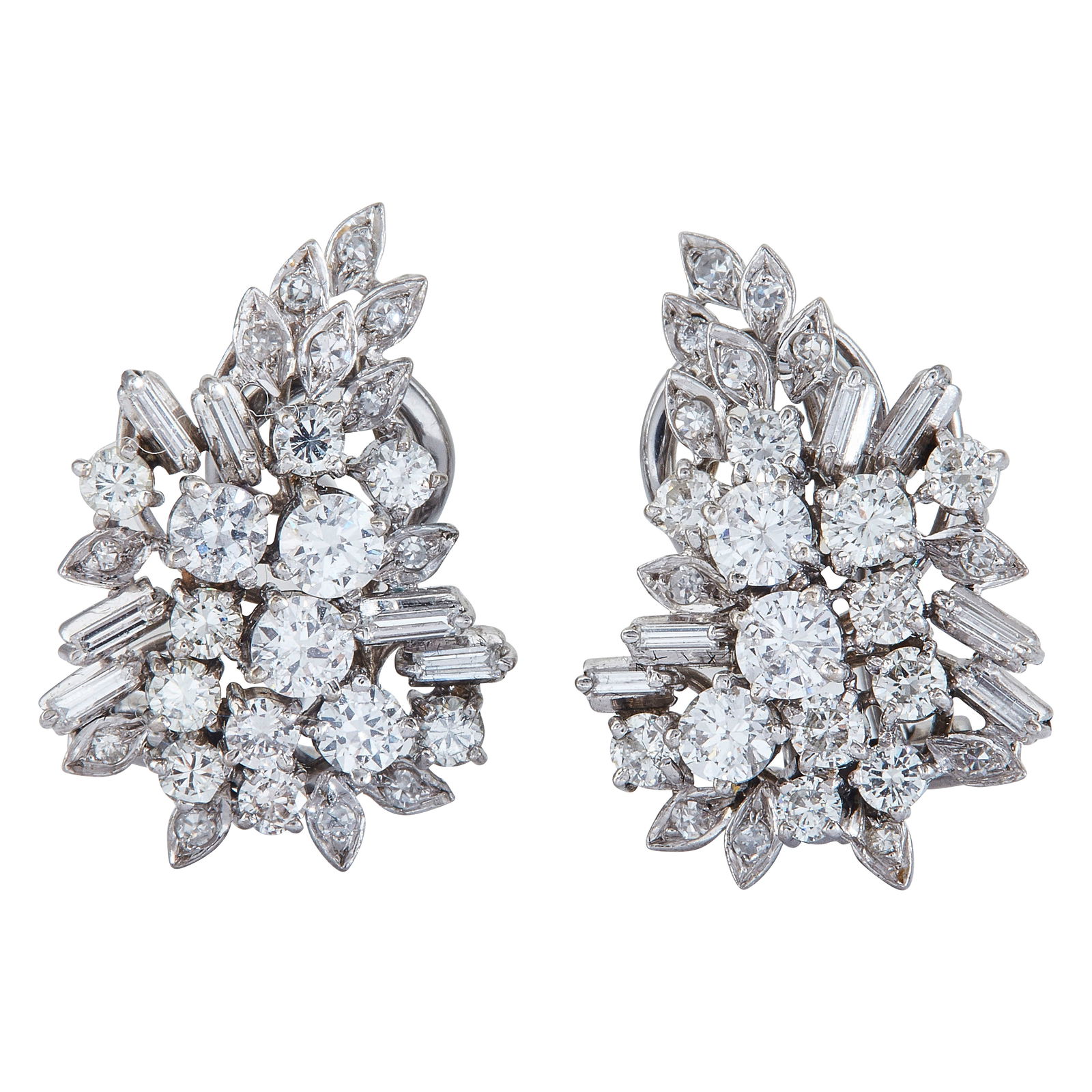 14K White Gold Round and Baguette-Cut Diamond Cluster Earrings (1 of 3)