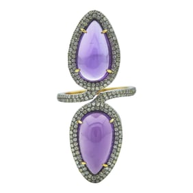 14K Yellow Gold and Silver Amethyst Cabochon and Diamond Crossover Ring