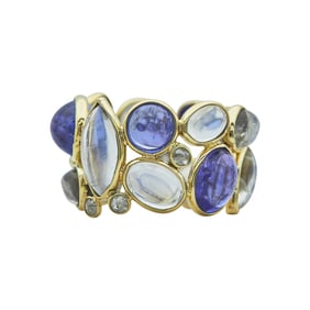 18K Yellow Gold Bezel-Set Tanzanite, Moonstone and Rose-Cut Diamond Band Ring