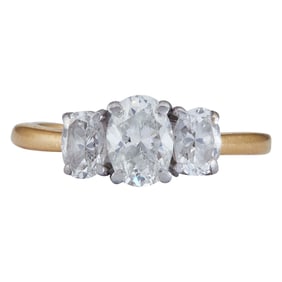 Attributed to Cartier 18K Yellow Gold and Platinum Three Stone Oval-Cut Diamond Ring