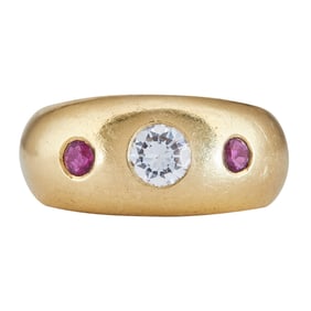 18K Yellow Gold Burnished Diamond and Ruby Dome Band Ring