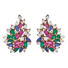 14K Yellow Gold Multi Gem-Set Cluster  Earrings