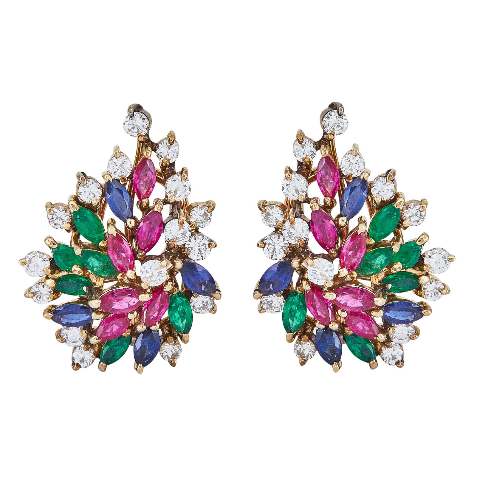 14K Yellow Gold Multi Gem-Set Cluster Earrings: METAL: 14K Yellow Gold; APPROXIMATE TOTAL DIAMOND WEIGHT: 0.80 ctw; GEMSTONES: Sapphires weighing approx. 0.40 ctw, Emeralds weighing approx. 0.60 ctw, Rubies weighing approx. 0.60 ctw; STAMPED: 585;