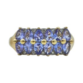 14K Yellow Gold Two Row Tanzanite and Diamond Ring