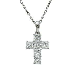 18K White Gold Princess-Cut Diamond Cross Pendant Necklace