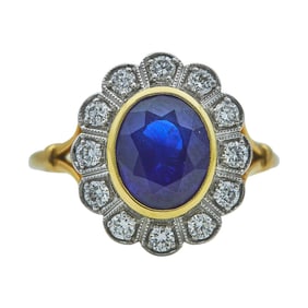 18K Yellow Gold Oval-Cut Sapphire and Diamond Halo Ring
