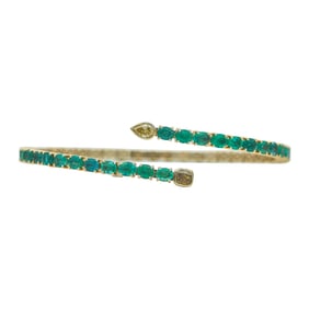 14K Yellow Gold Emerald and Yellow Diamond Open Cuff Flexible Bangle Bracelet