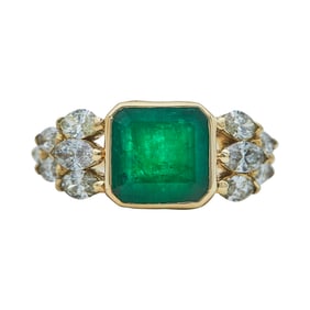 14K Yellow Gold Emerald and Marquise-Cut Diamond Ring