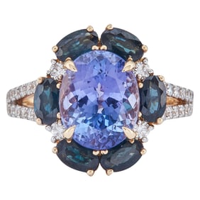 14K Yellow Gold Tanzanite, Sapphire and Diamond Halo Split Shank Ring