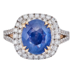 14K Yellow Gold 3.89 carat Natural, No Heat Sapphire and Diamond Double Halo Split Shank Ring