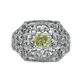 18K White Gold 1.01 carat Fancy Light Yellow Cushion-Cut Diamond and Colorless Diamond Openwork Band