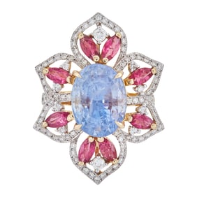 Lotus 18K Yellow Gold 7.01 carat Natural, No Heat Sapphire, Pink Tourmaline and Diamond Ring