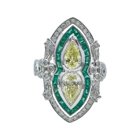18K White Gold Pear-Cut Yellow Diamond, Emerald and Colorless Diamond Art Deco Style Ring