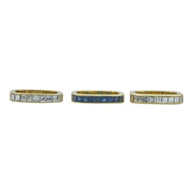 Set of 3 18K Yellow Gold Sapphire and Diamond Square Band Rings