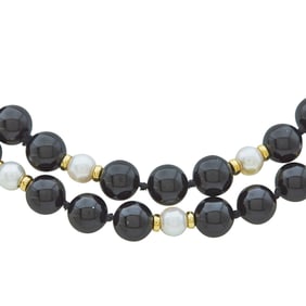 Tiffany & Co. 14K Yellow Gold, Black Onyx and Pearl Beaded Necklace
