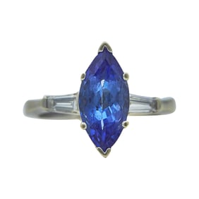 18K White Gold Marquise-Cut Tanzanite and Diamond Three Stone Ring