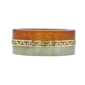 14K Yellow Gold Green and Orange Jade Band Ring