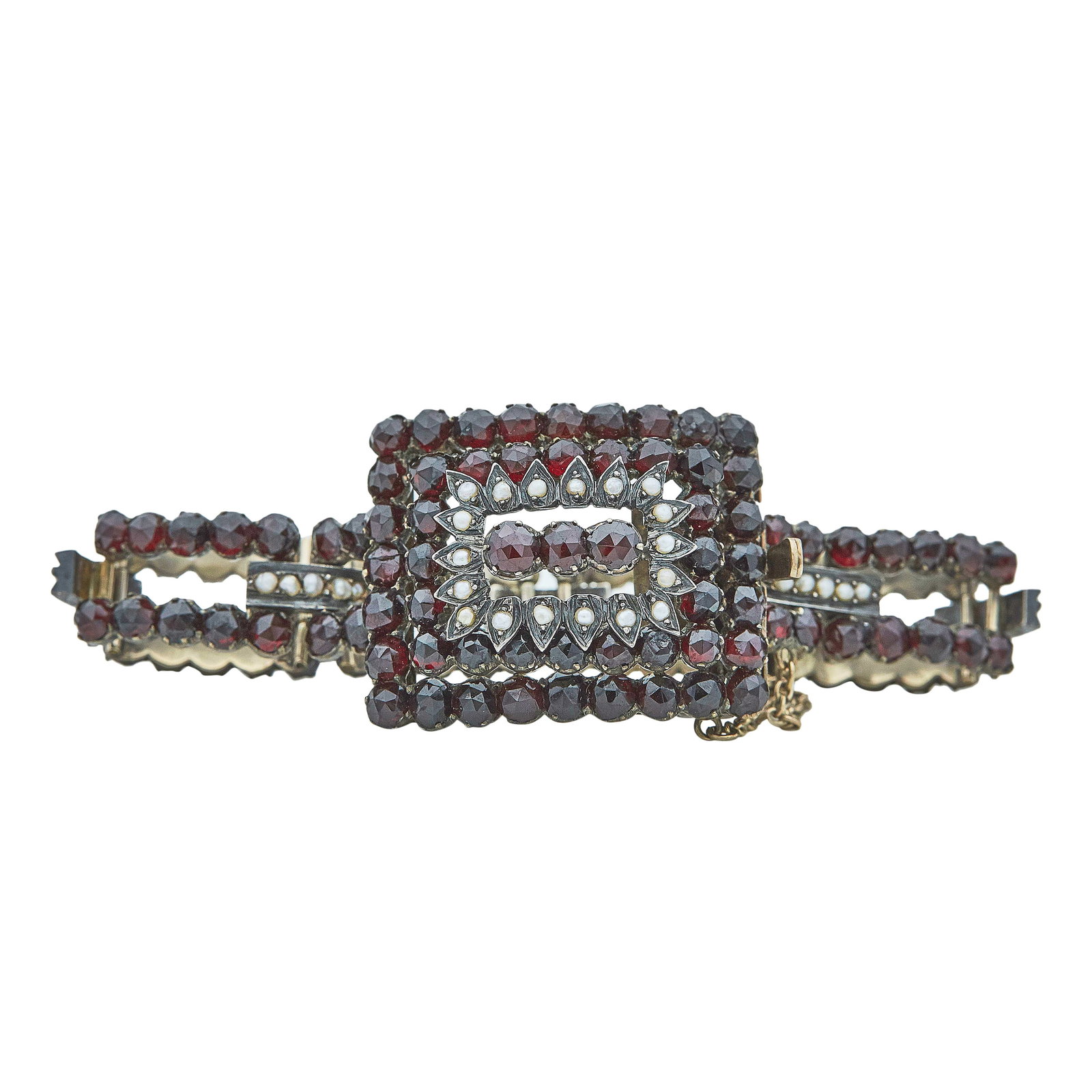 Base Metal Garnet and Seed Pearl Bracelet: METAL: Base Metal; GEMSTONES: Garnet, Seed Pearls; CONDITION: Pre-owned, Good; ITEM WEIGHT (GRAMS): 38.87 g; MEASUREMENTS: Fits approx. 6 3/4 inch wrist