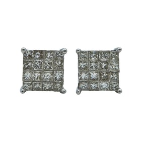 18K White Gold Diamond Illusion Cluster Stud Earrings