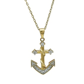 14K Yellow Gold Diamond Anchor Pendant Necklace